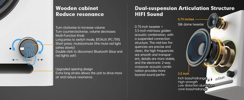 The Ortizan Active Bookshelf Speakers
Bluetooth 5.3 Studio Monitor System with USB DAC
